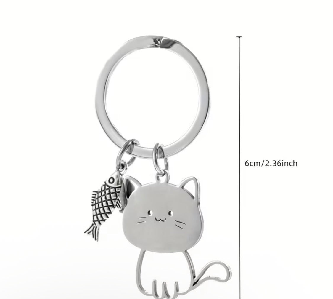 Cute Cat Fish Keychain Silvery Stainless Steel Keyring