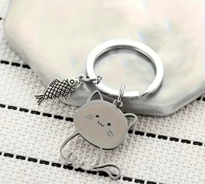 Cute Cat Fish Keychain Silvery Stainless Steel Keyring