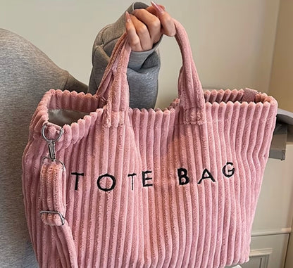 FASHIONABLE SOLID COLOR CORDUROY TOTE BAG