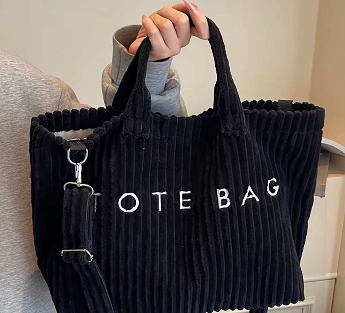 FASHIONABLE SOLID COLOR CORDUROY TOTE BAG
