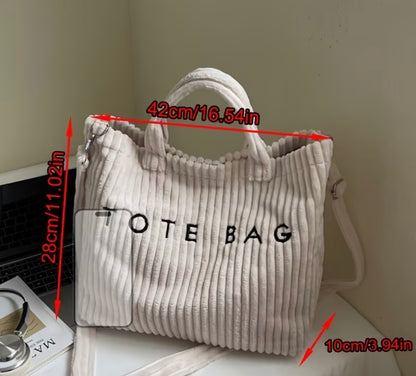 FASHIONABLE SOLID COLOR CORDUROY TOTE BAG