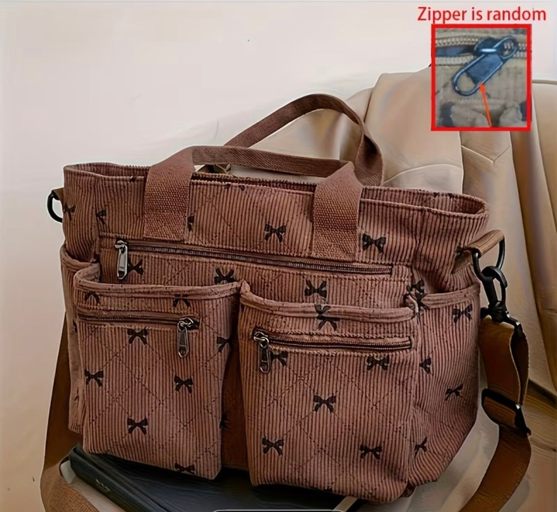 ADORABLE BROWN CORDUROY TOTE BAG WITH BOWS