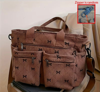 ADORABLE BROWN CORDUROY TOTE BAG WITH BOWS