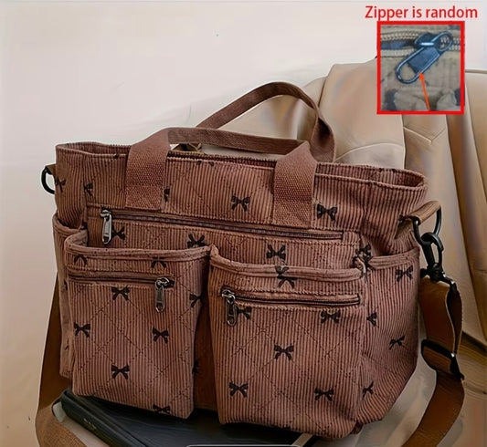 ADORABLE BROWN CORDUROY TOTE BAG WITH BOWS