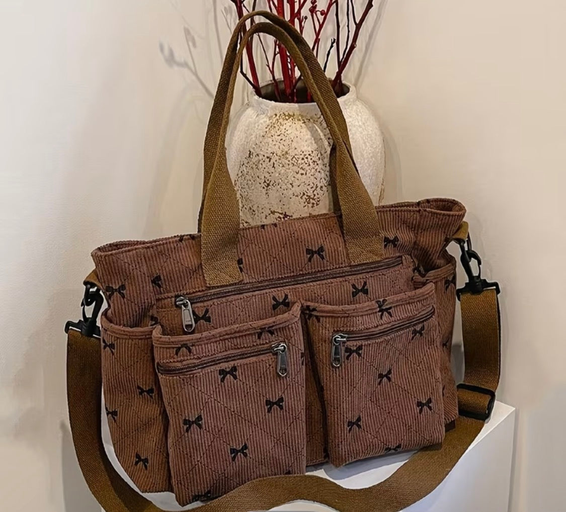 ADORABLE BROWN CORDUROY TOTE BAG WITH BOWS