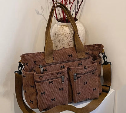 ADORABLE BROWN CORDUROY TOTE BAG WITH BOWS