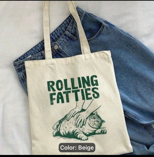FUNNY ROLLING FATTIES CAT TOTE BAG