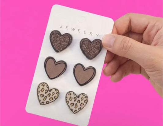 3 Pairs Set Of Delicate Heart Shaped Stud Earrings