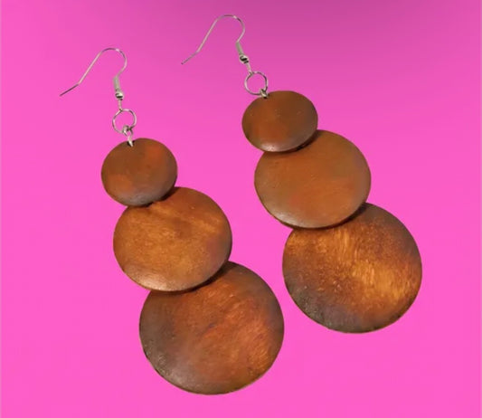 Retro Fashion Wooden 3-Tier Round Disc Pendant Earrings
