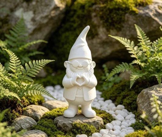 WHITE HEART SHAPED GARDEN GNOME STATUE