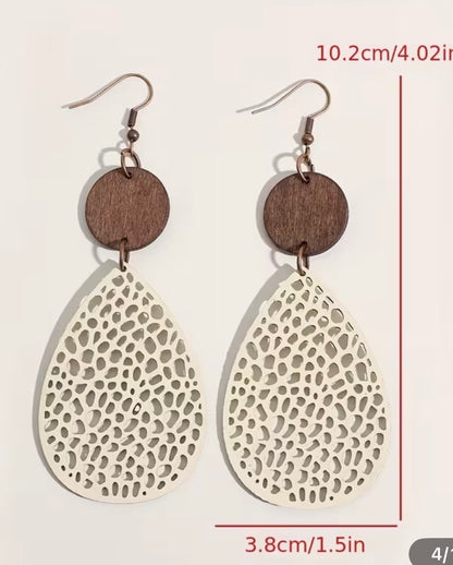 Teardrop-Shaped Hollow Leather And Wood Combination Mesh Earrings