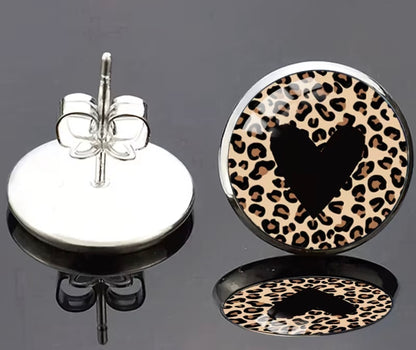 LEOPARD PRINT HEART STAINLESS STEEL STUD EARRINGS