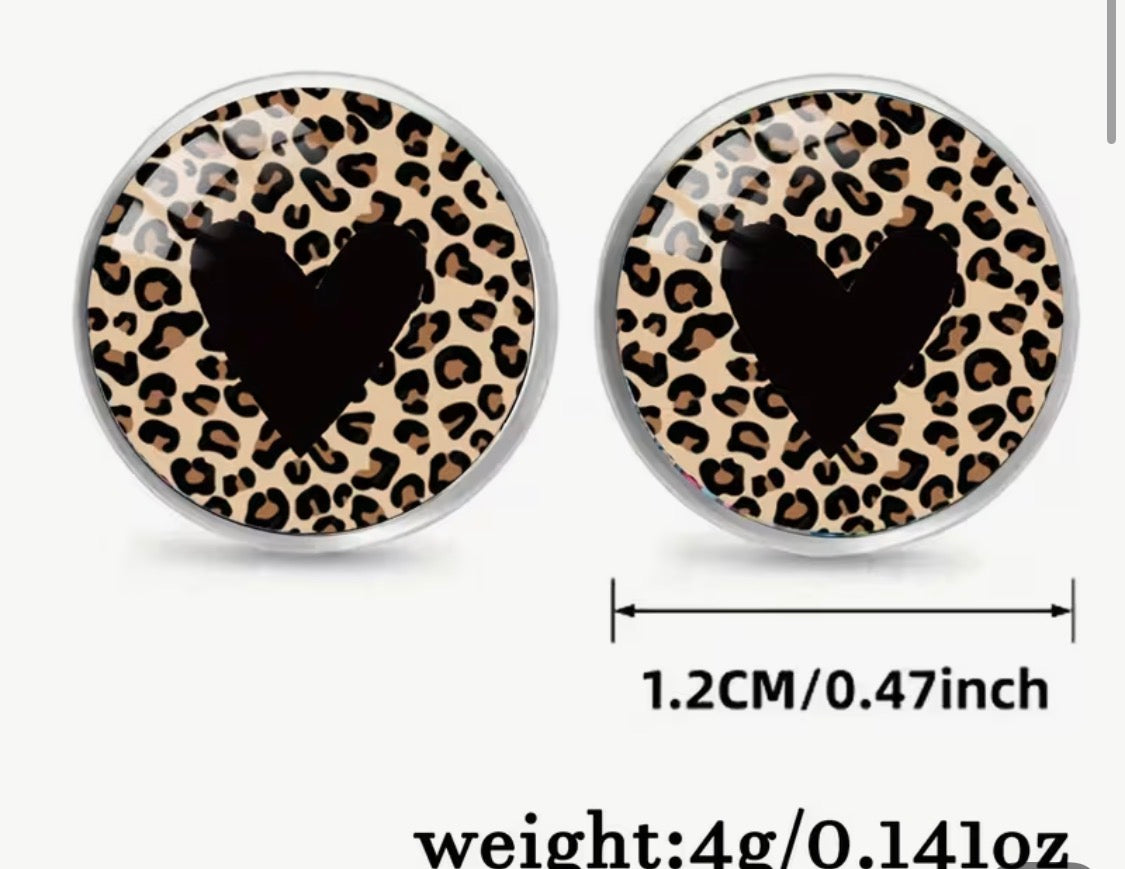 LEOPARD PRINT HEART STAINLESS STEEL STUD EARRINGS