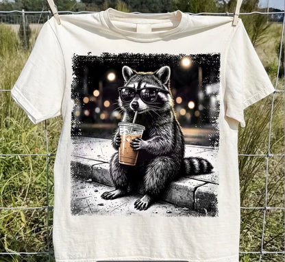 RACCOON DRINKING ICED COFFEE T-SHIRT