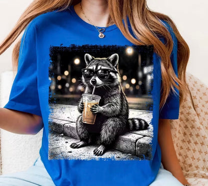 RACCOON DRINKING ICED COFFEE T-SHIRT