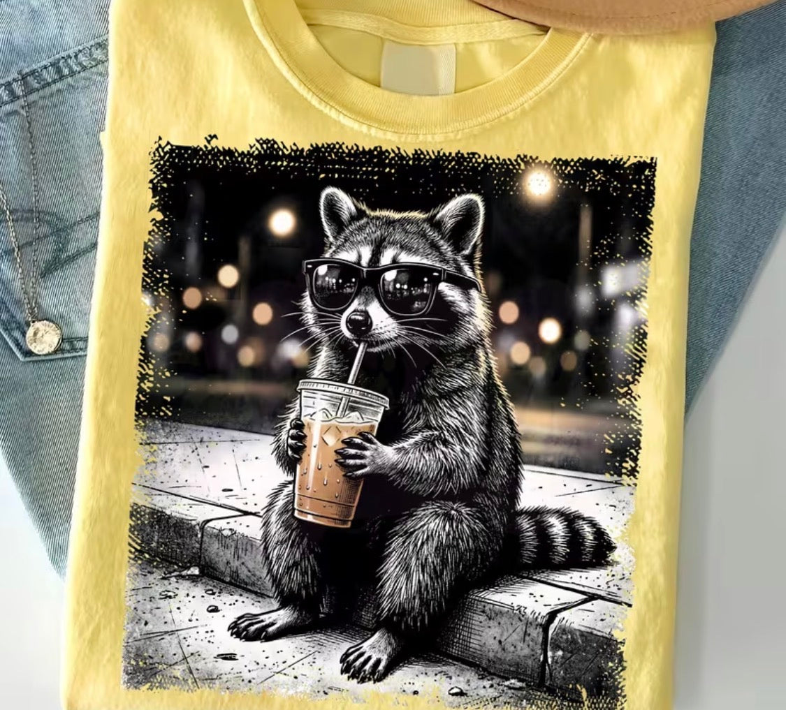 RACCOON DRINKING ICED COFFEE T-SHIRT