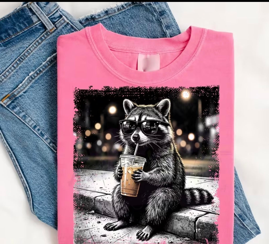 RACCOON DRINKING ICED COFFEE T-SHIRT