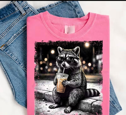 RACCOON DRINKING ICED COFFEE T-SHIRT