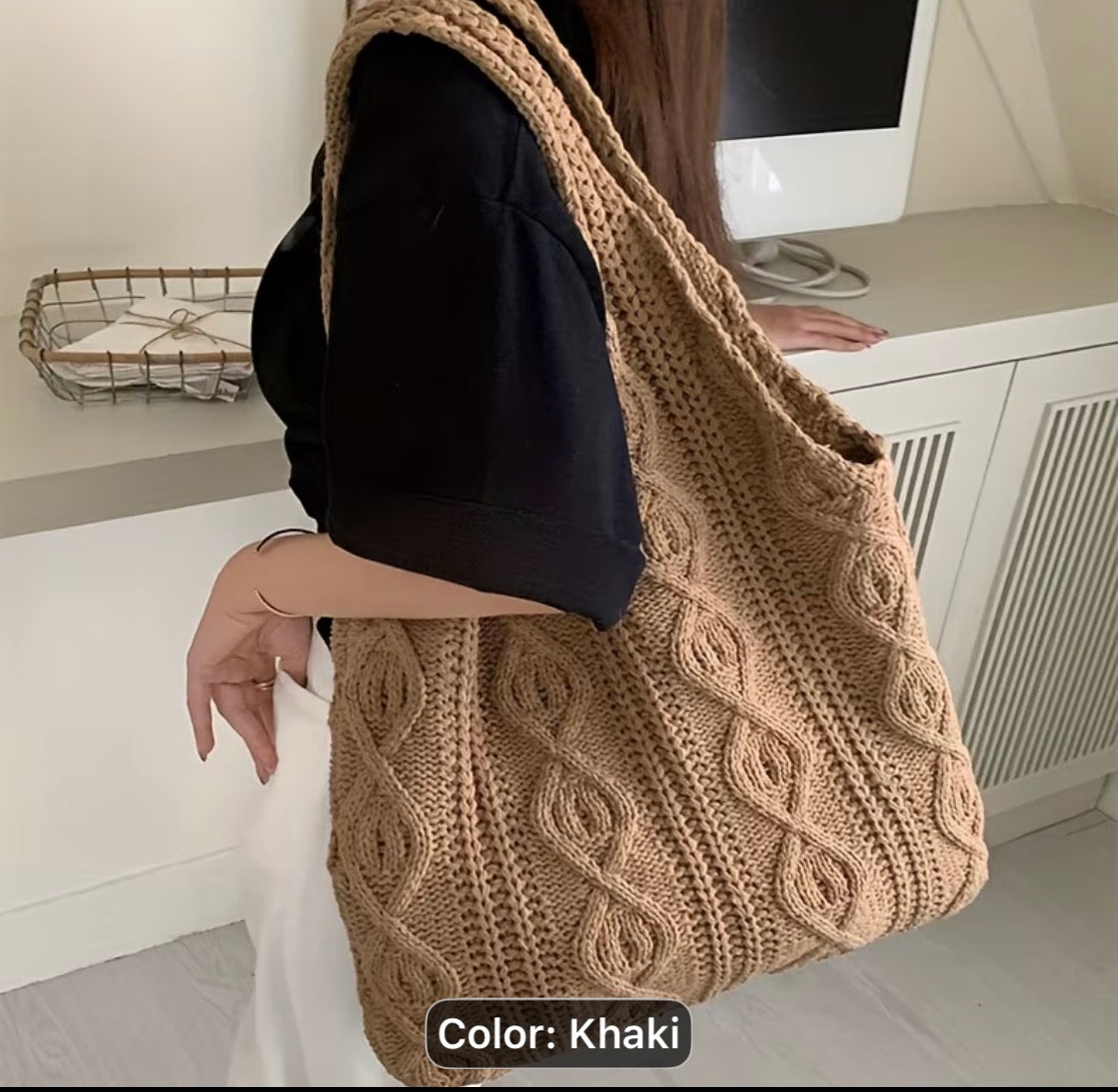 Khaki Cable Knit Shoulder Tote Bag