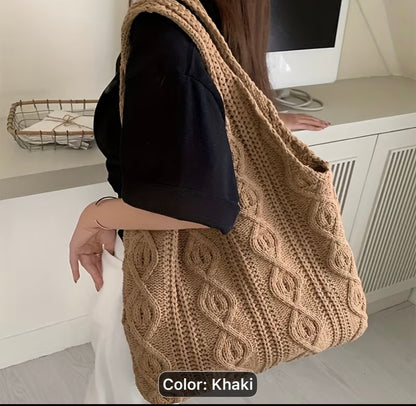 Khaki Cable Knit Shoulder Tote Bag