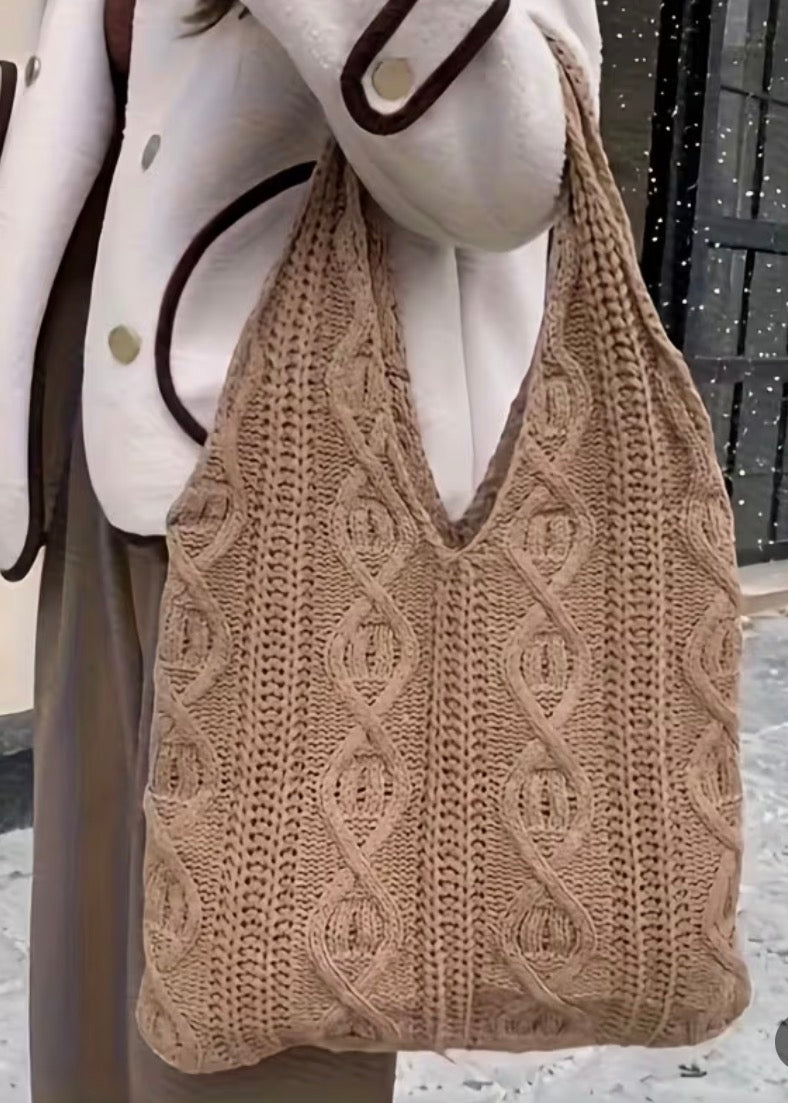 Khaki Cable Knit Shoulder Tote Bag