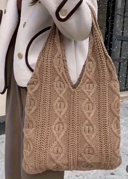 Khaki Cable Knit Shoulder Tote Bag