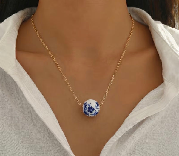 Blue and White Floral Bead Necklace with Gold-Tone Chain