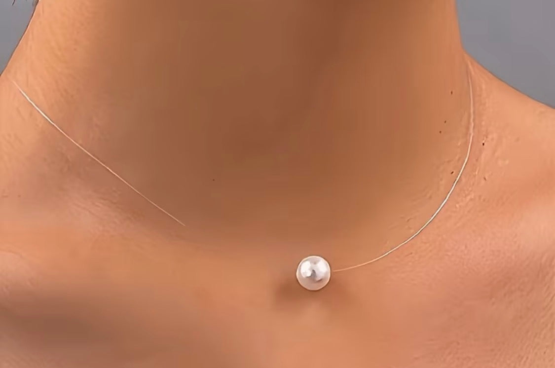 Single Pearl-Look Floating Necklace with Clear Cord