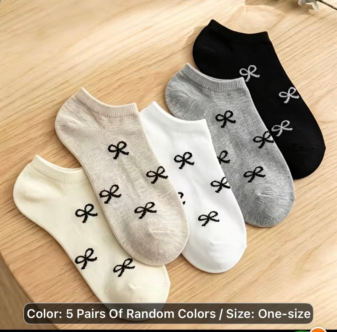 Bow Pattern Ankle Socks – 5-Pair Set, Assorted Colors