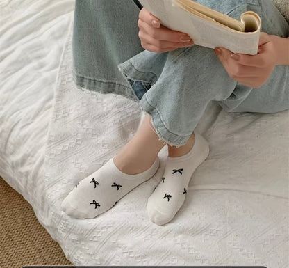Bow Pattern Ankle Socks – 5-Pair Set, Assorted Colors