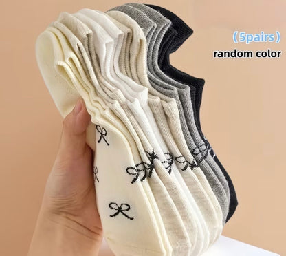 Bow Pattern Ankle Socks – 5-Pair Set, Assorted Colors