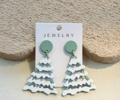 Snowy Christmas Tree Dangle Earrings – Sage Green & White