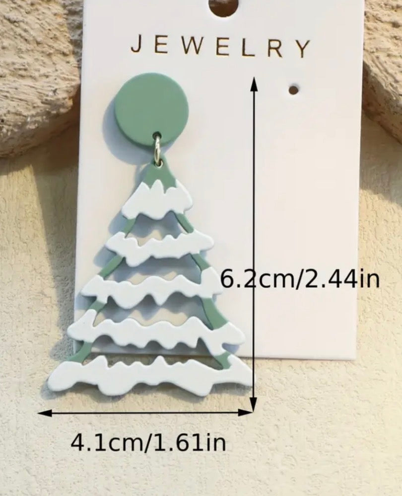 Snowy Christmas Tree Dangle Earrings – Sage Green & White