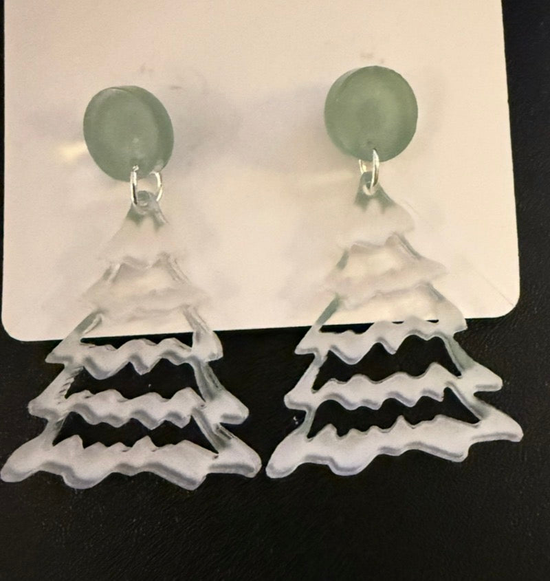 Snowy Christmas Tree Dangle Earrings – Sage Green & White