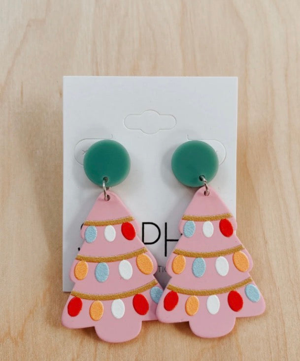 Pink Christmas Tree Dangle Earrings with Colorful Lights