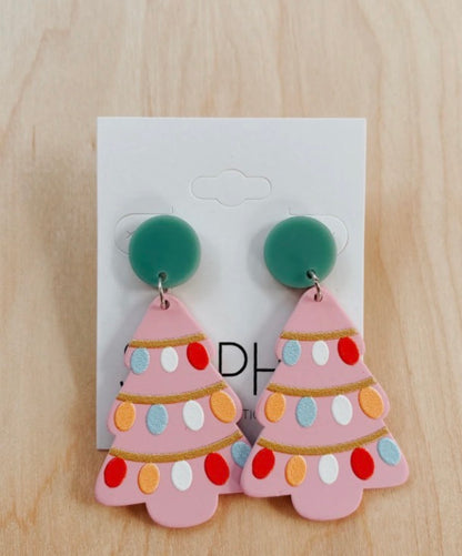 Pink Christmas Tree Dangle Earrings with Colorful Lights