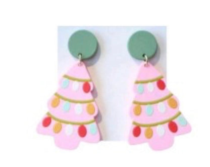 Pink Christmas Tree Dangle Earrings with Colorful Lights
