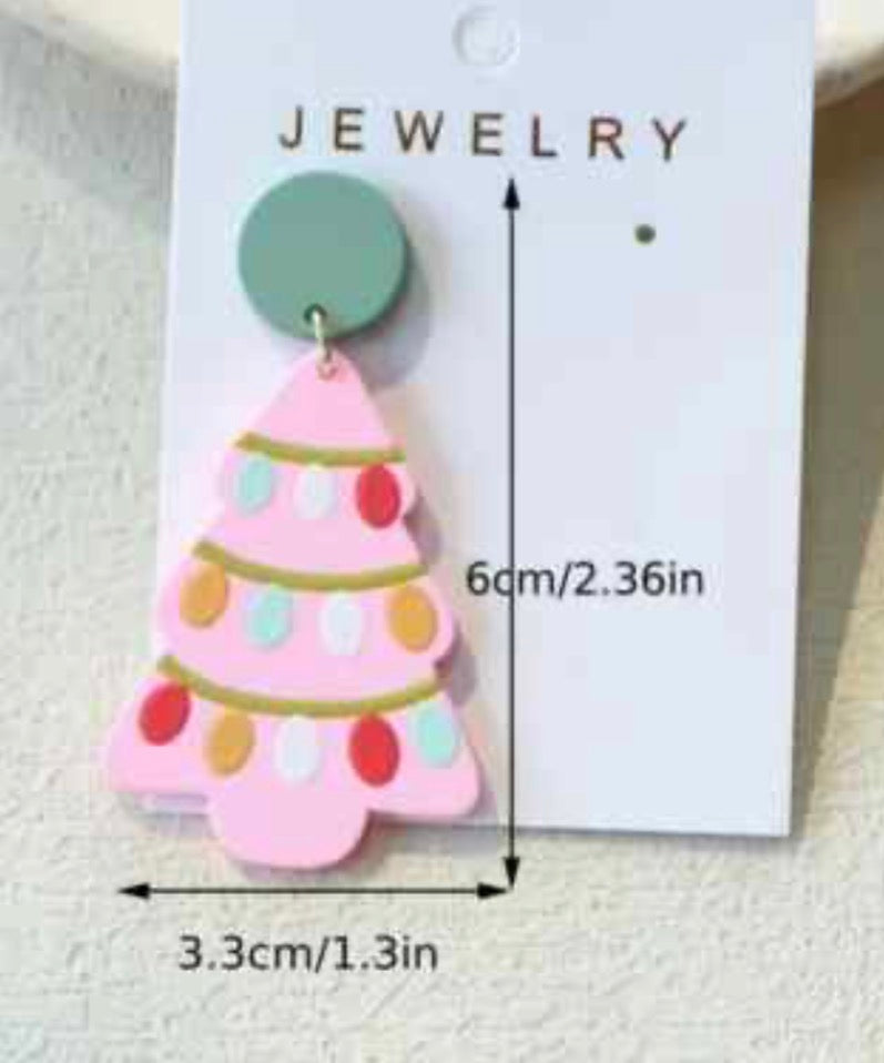 Pink Christmas Tree Dangle Earrings with Colorful Lights