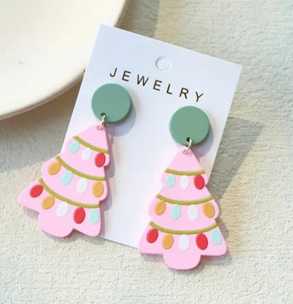 Pink Christmas Tree Dangle Earrings with Colorful Lights