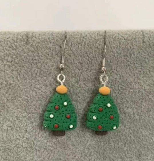 Green Christmas Tree Dangle Earrings with Red & White Ornaments
