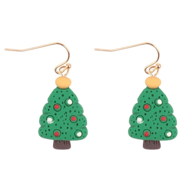 Green Christmas Tree Dangle Earrings with Red & White Ornaments