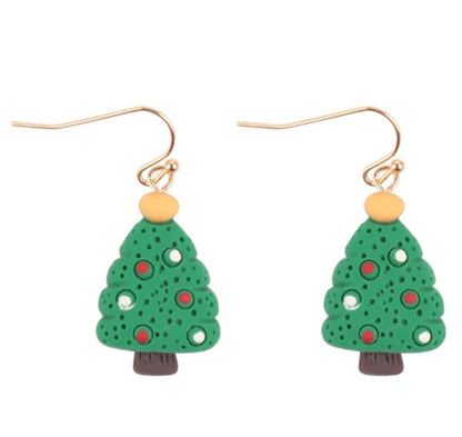 Green Christmas Tree Dangle Earrings with Red & White Ornaments
