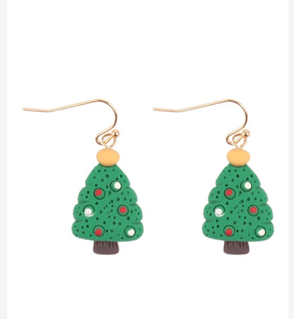 Green Christmas Tree Dangle Earrings with Red & White Ornaments