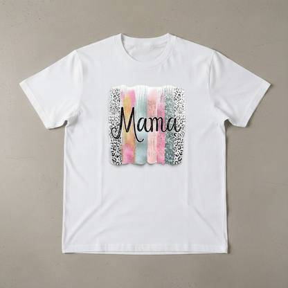 Mama Graphic T-Shirt – Pastel Brushstroke and Leopard Print Design