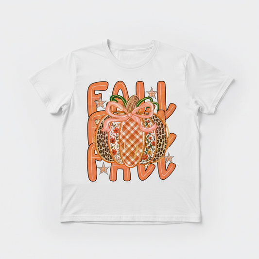Fall Pumpkin Graphic T-Shirt – Patchwork Pumpkin and Bow Design