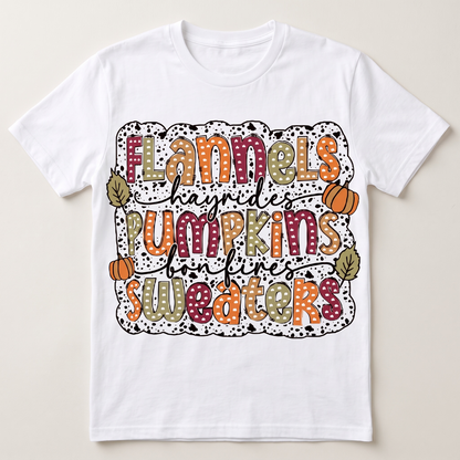 "FLANNELS, PUMPKIN, SWEATERS" T-SHIRT