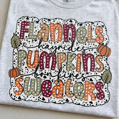 "FLANNELS, PUMPKIN, SWEATERS" T-SHIRT