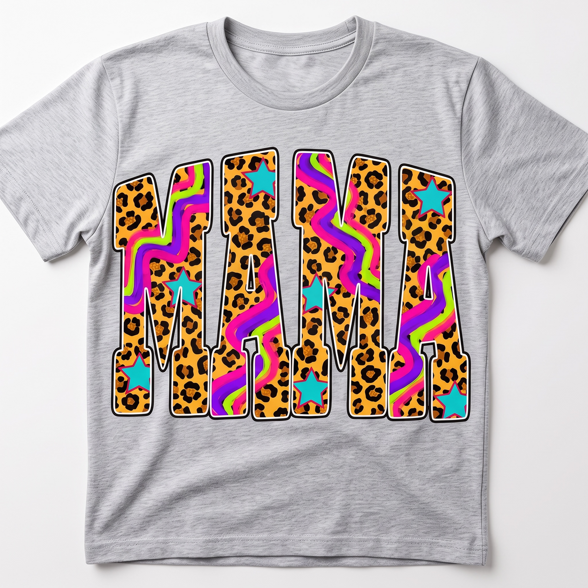 Mama Graphic T-Shirt – Colorful Leopard Print and Retro Wave Design
