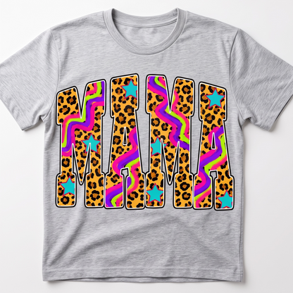 Mama Graphic T-Shirt – Colorful Leopard Print and Retro Wave Design
