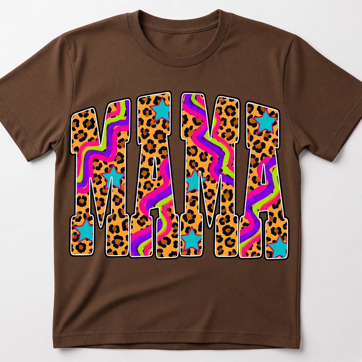 Mama Graphic T-Shirt – Colorful Leopard Print and Retro Wave Design